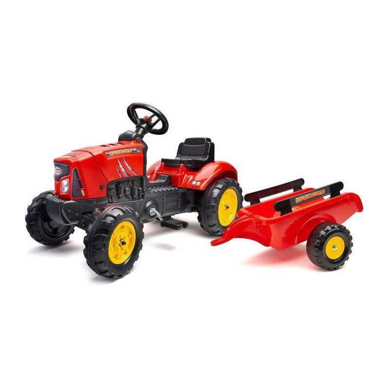 FALK - Supercharger red pedal tractor with opening hood and trailer