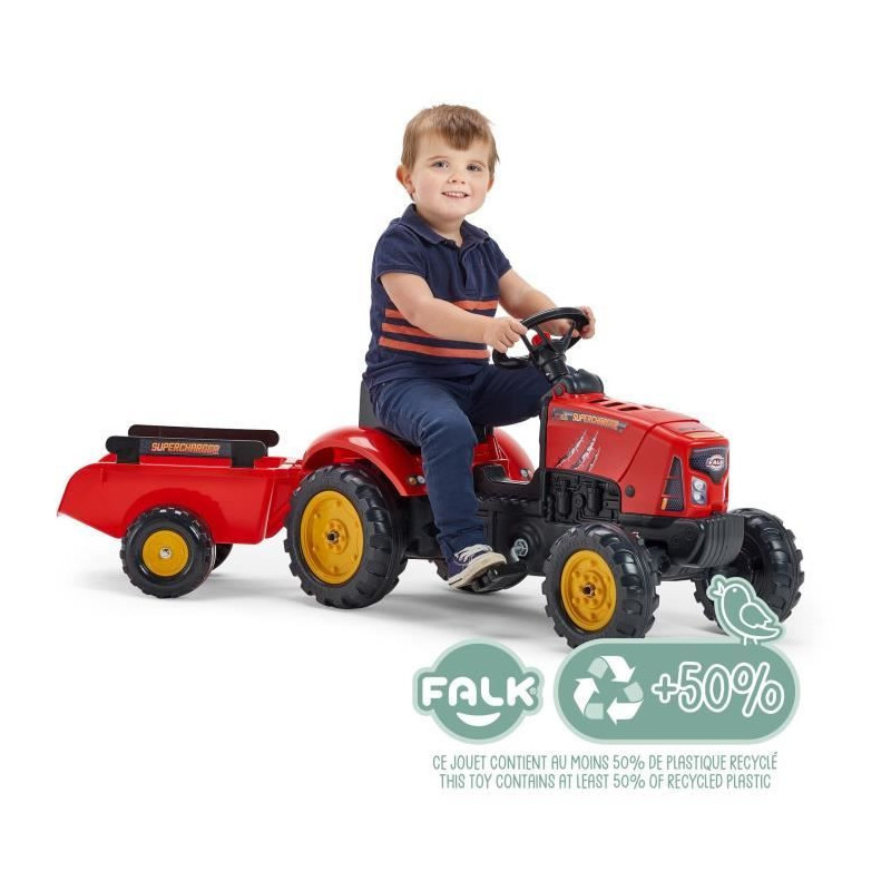FALK - Supercharger red pedal tractor with opening hood and trailer