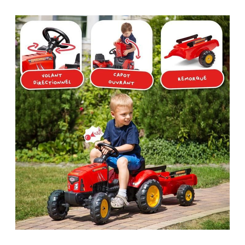 FALK - Supercharger red pedal tractor with opening hood and trailer
