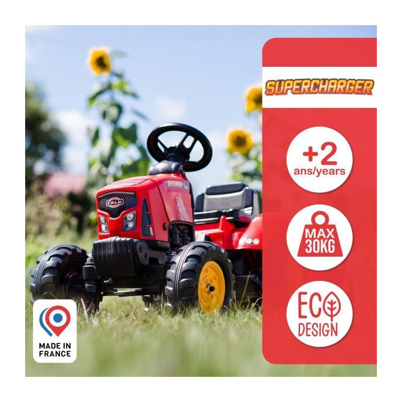 FALK - Supercharger red pedal tractor with opening hood and trailer