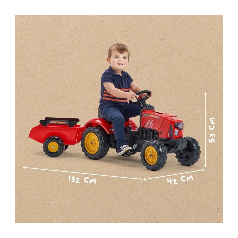 FALK - Supercharger red pedal tractor with opening hood and trailer