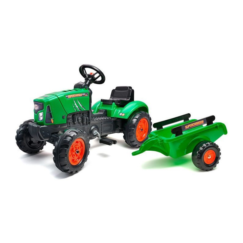 FALK - Supercharger red pedal tractor with opening hood and trailer