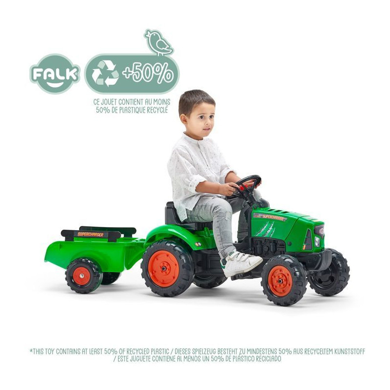 FALK - Supercharger red pedal tractor with opening hood and trailer