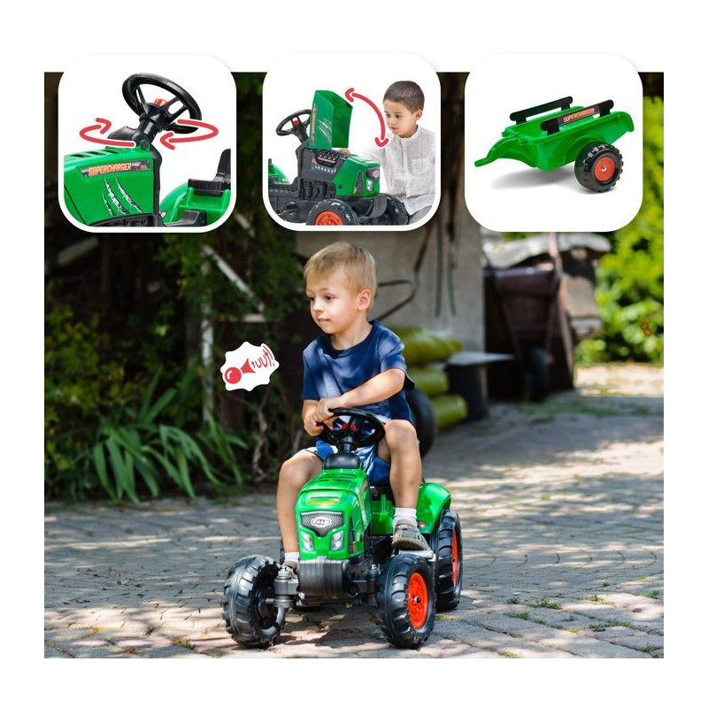 FALK - Supercharger red pedal tractor with opening hood and trailer