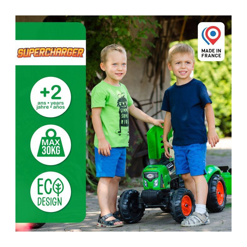 FALK - Supercharger red pedal tractor with opening hood and trailer