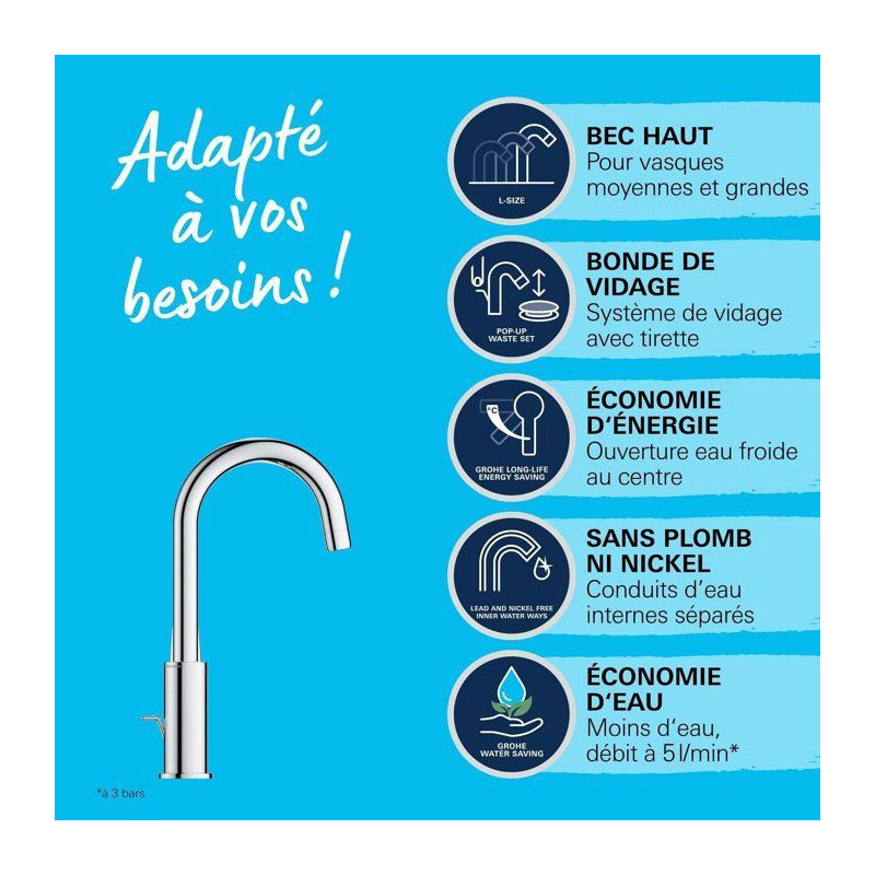 Single-lever basin mixer - GROHE Swift - 24330001 - Chrome - Size L -