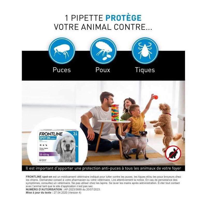 FRONTLINE 3 SPOT ON Antiparasitic Pipettes for Dogs - 20-40 kg - Fleas