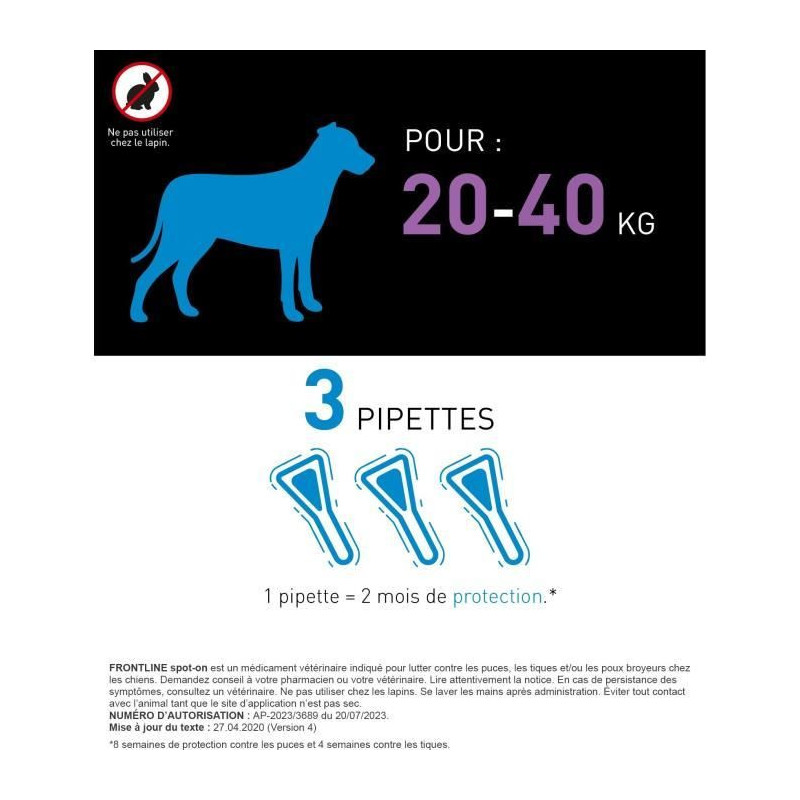 FRONTLINE 3 SPOT ON Antiparasitic Pipettes for Dogs - 20-40 kg - Fleas