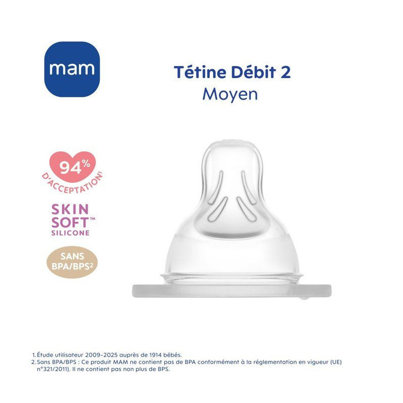 MAM Anatomic Teat - Flow 2 Medium - Silicone - Pack of 2 - Transparent