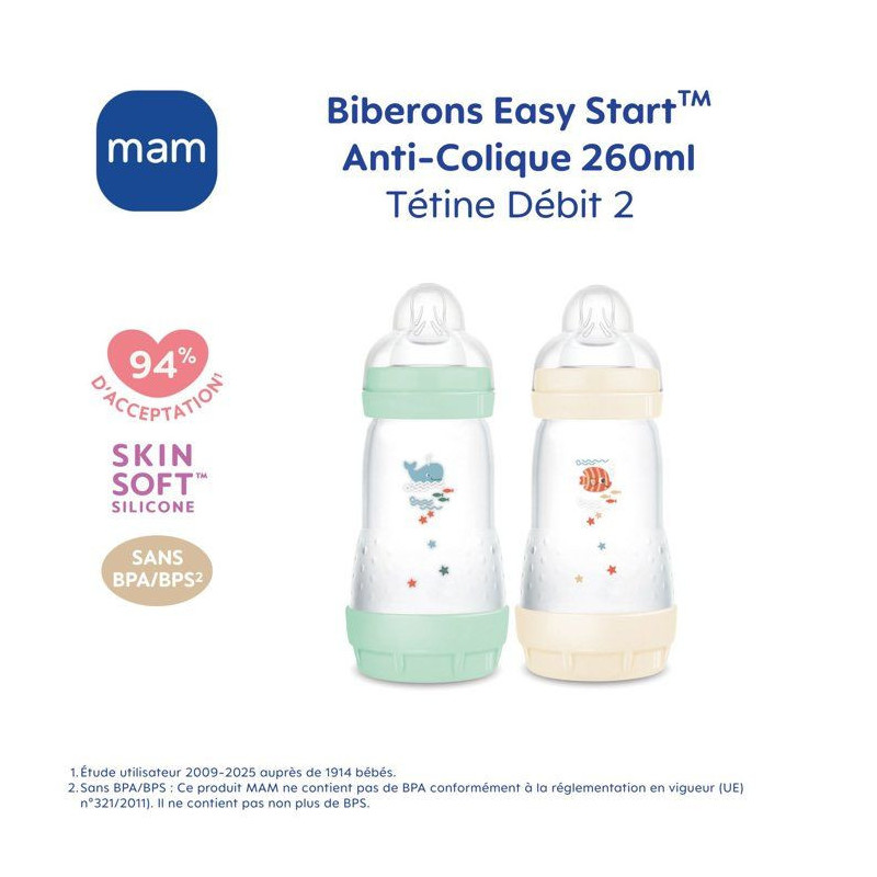 Set of 2 Baby Bottles - MAM - Easy Start - Classic Anti-colic - 260 ml