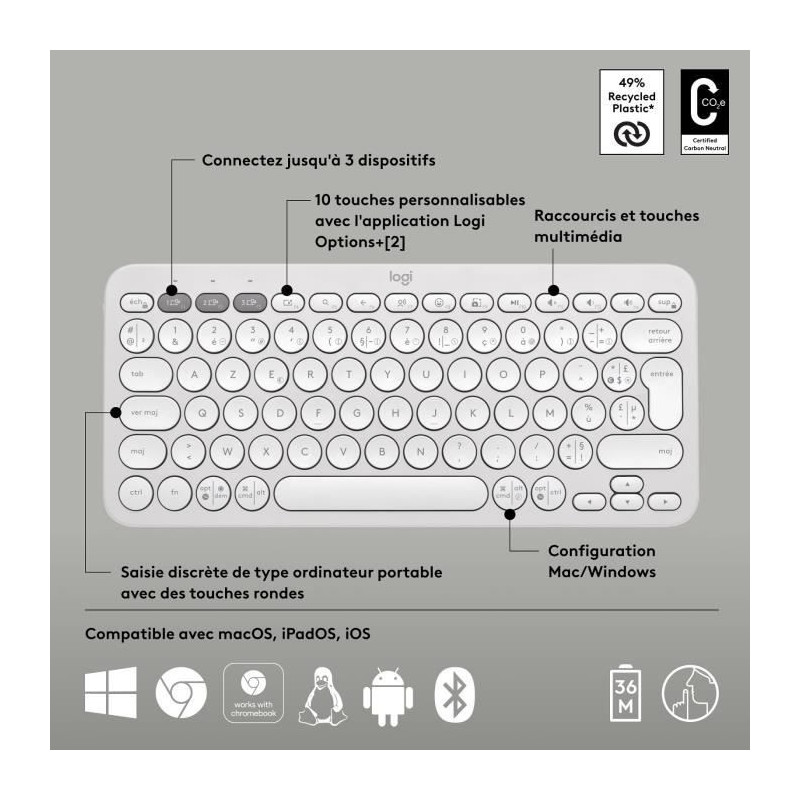 LOGITECH - Wireless keyboard - Pebble Keys 2 K380s - Bluetooth - Easy-