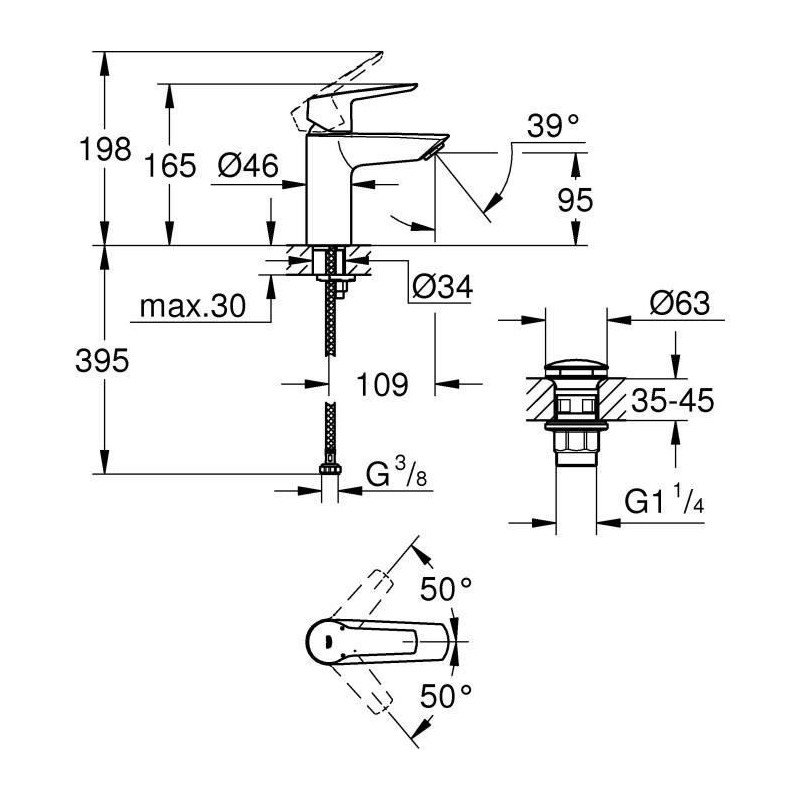 Grohe Quickfix Mixer Monocomande Lavabo Start, Size S, temperature lim