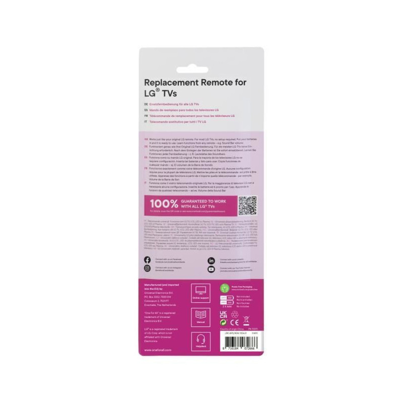 ONE FOR ALL URC4911 - Replacement remote control for LG TV