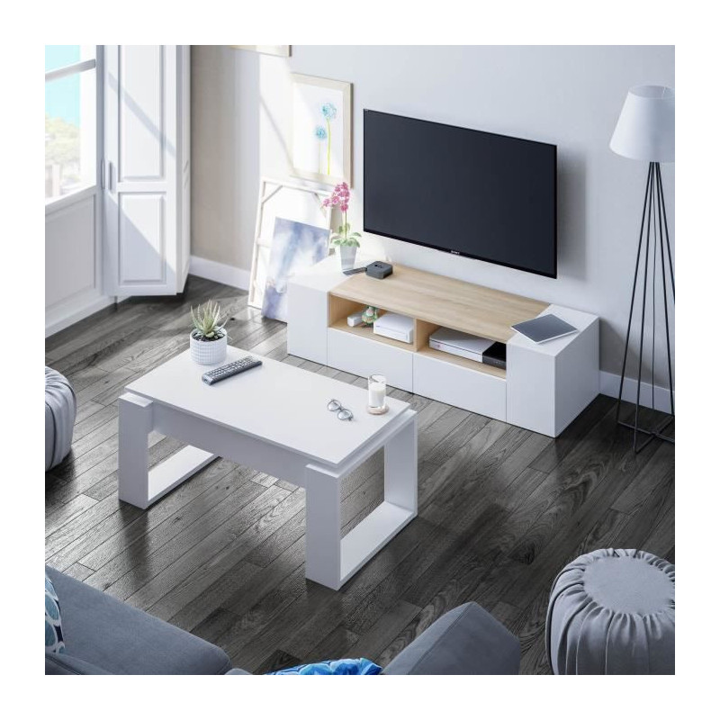Liftable coffee table - White melamine - L 105 x D 55 x H 45 cm NOVA
