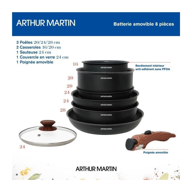 8 -room kitchen battery Arthur Martin - aluminum - wooden handle - All