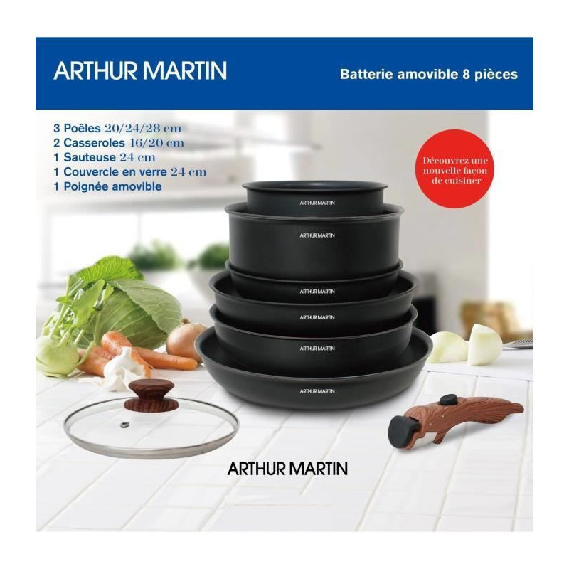 8 -room kitchen battery Arthur Martin - aluminum - wooden handle - All