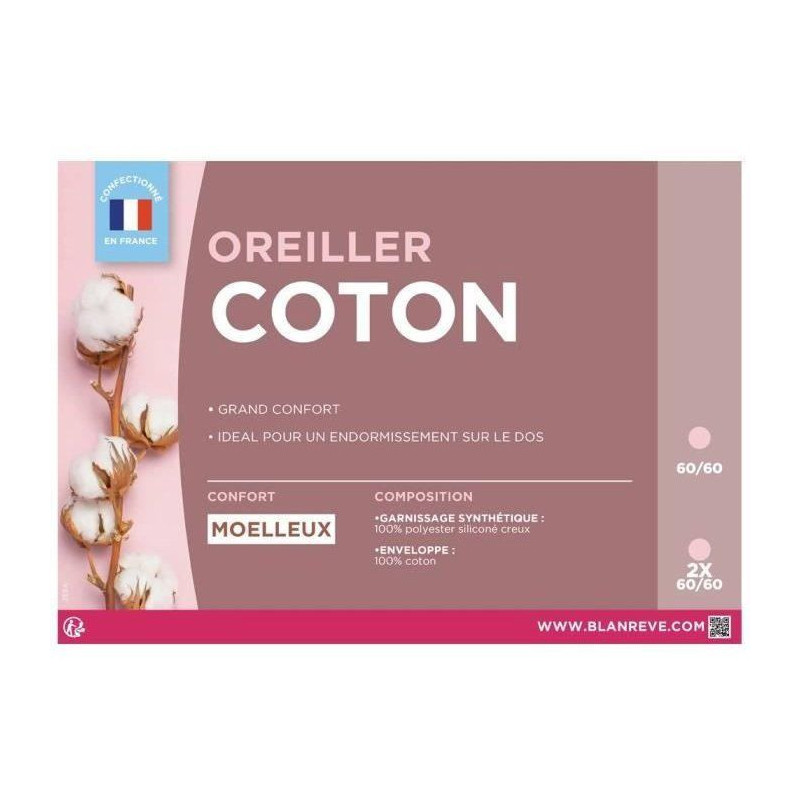 Oreiller Coton - BLANREVE - 60 x 60 cm - Blanc