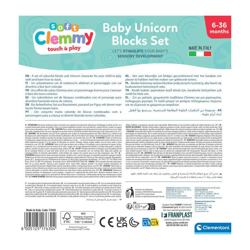 CLEMENTONI - Boîte Arc-en-ciel 10 cubes Clemmy et Licorne
