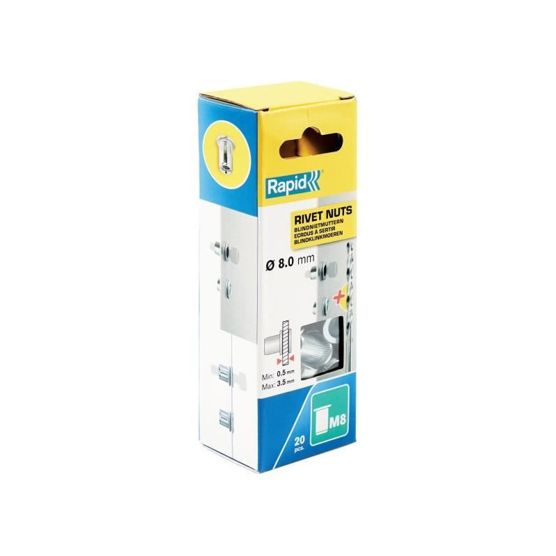 Écrous à sertir - RAPID - M8 - Pour vis Ø8mm - Blister de 20 + 1 Fo