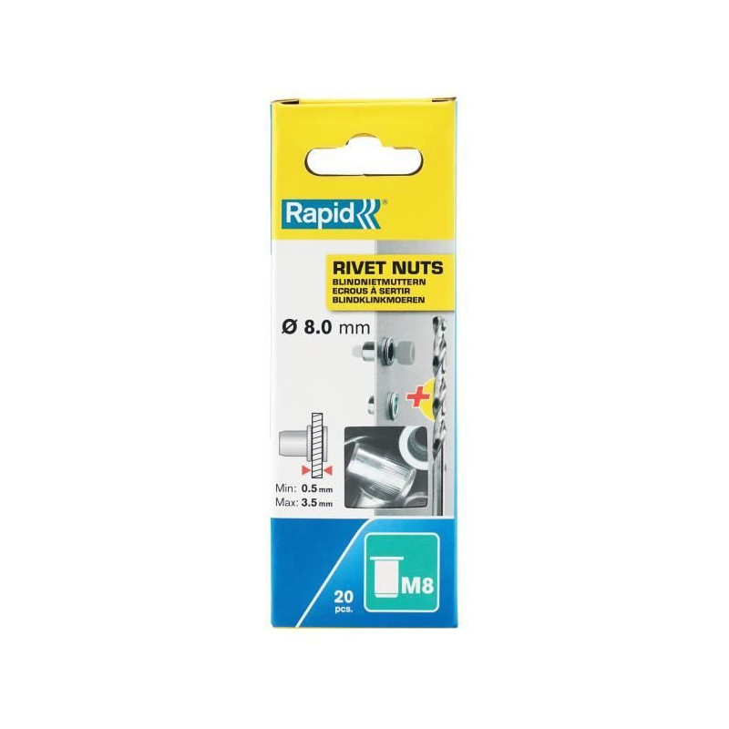 Écrous à sertir - RAPID - M8 - Pour vis Ø8mm - Blister de 20 + 1 Fo