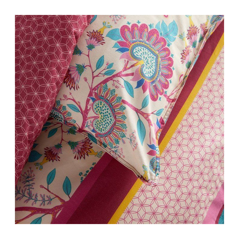 Parure de Lit - 260 x 240 cm - Coton Imprimé Floral Rouge Bordeaux -