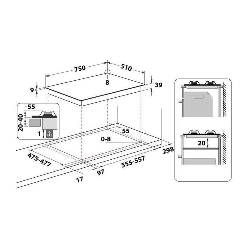 HOTPOINT PNN 751 IX Plaque de cuisson gaz - 5 foyers - 10,5kW - L75 x