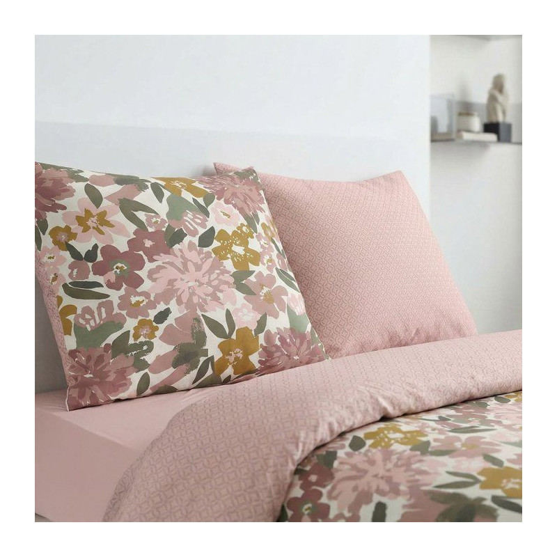Parure de Lit - 240 x 220 cm - Coton Imprimé Floral Champetre Rose Po