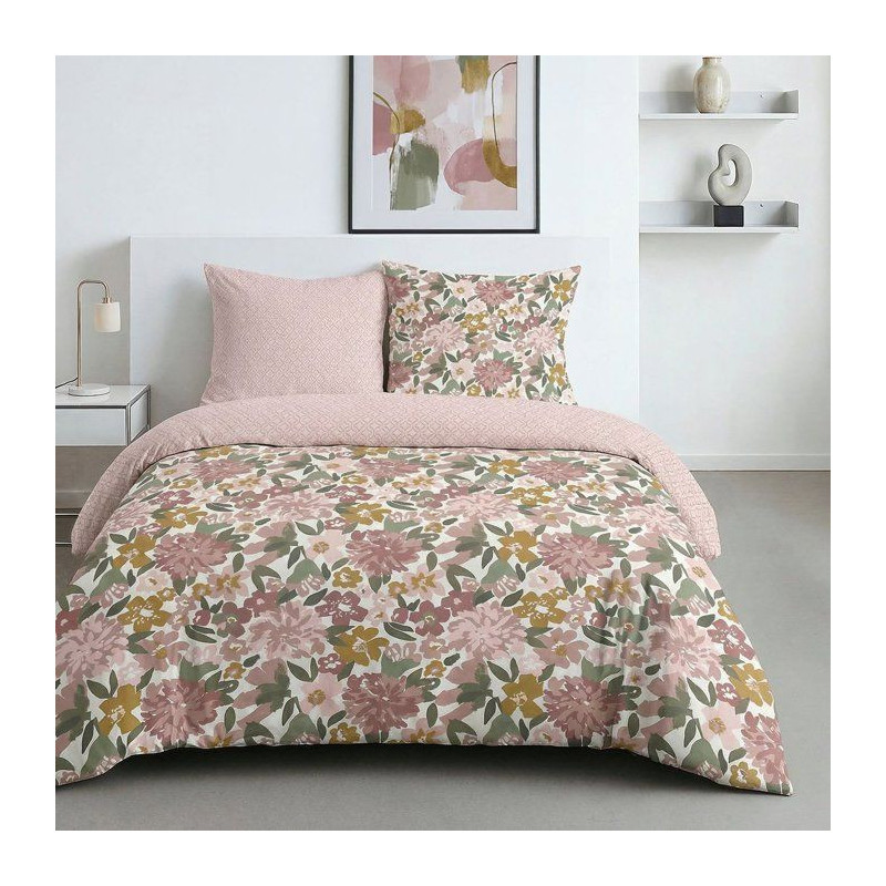 Parure de Lit - 260 x 240 cm - Coton Imprimé Floral Champetre Rose Po
