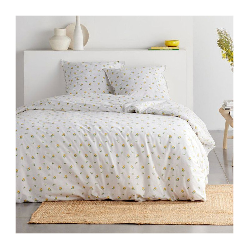 Parure de Lit - 240 x 220 cm - Coton Imprimé Floral Blanc avec Motif