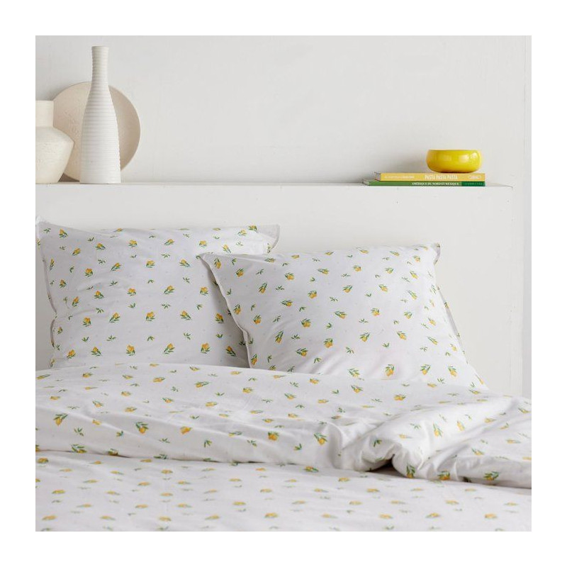 Parure de Lit - 260 x 240 cm - Coton Imprimé Floral Blanc avec Motif