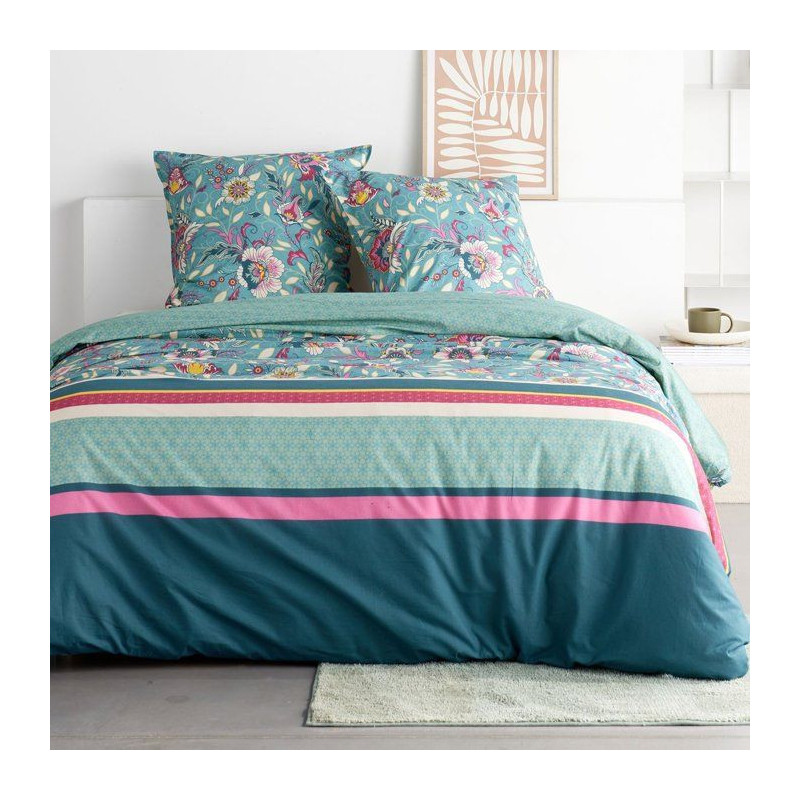 Parure de Lit - 240 x 220 cm - Coton Imprimé Floral Bleu - TODAY SUNS