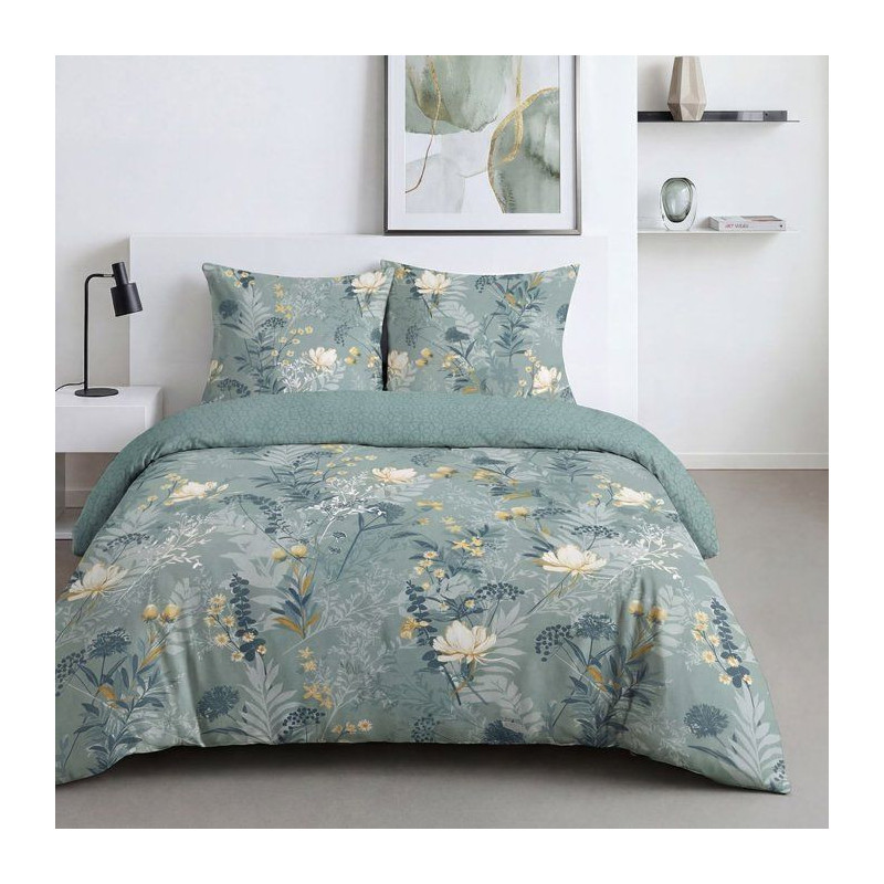 Parure de Lit - 240 x 220 cm - Coton Imprimé Motif Floral Bleu - TODA
