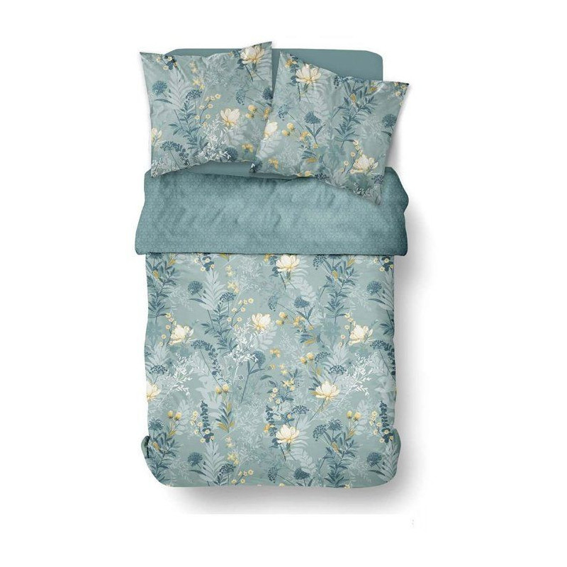 Parure de Lit - 240 x 220 cm - Coton Imprimé Motif Floral Bleu - TODA