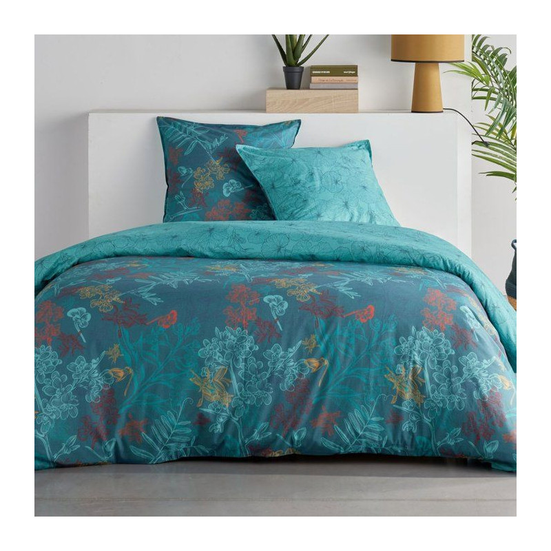 Parure de Lit - 140 x 200 cm - Coton Imprimé Feuillage Exotique Bleu