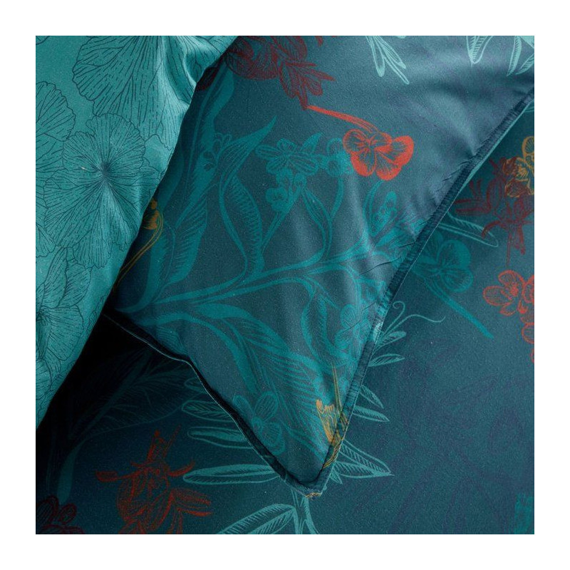 Parure de Lit - 140 x 200 cm - Coton Imprimé Feuillage Exotique Bleu