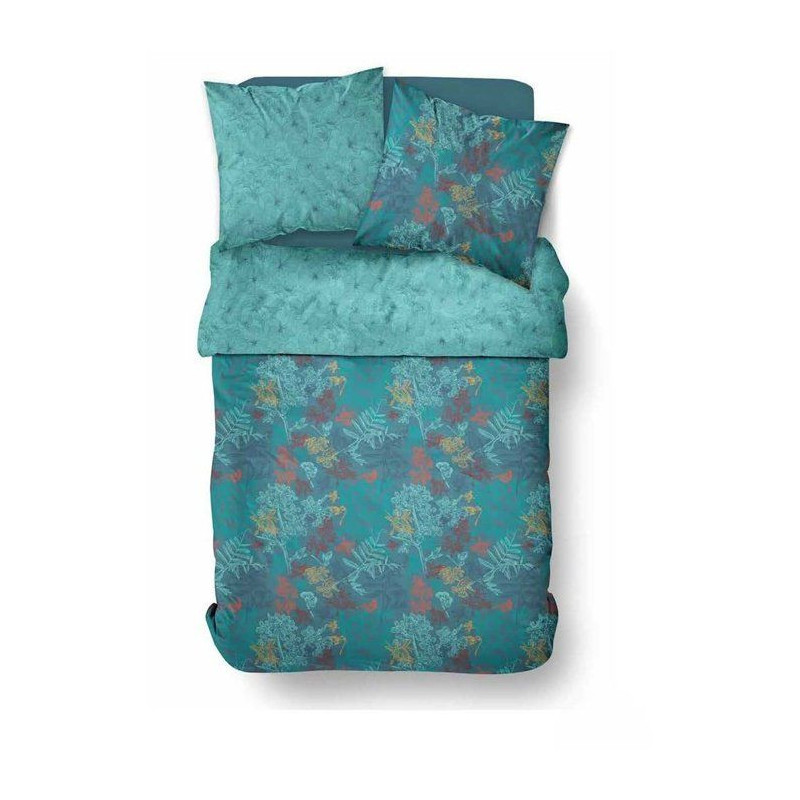 Parure de Lit - 140 x 200 cm - Coton Imprimé Feuillage Exotique Bleu