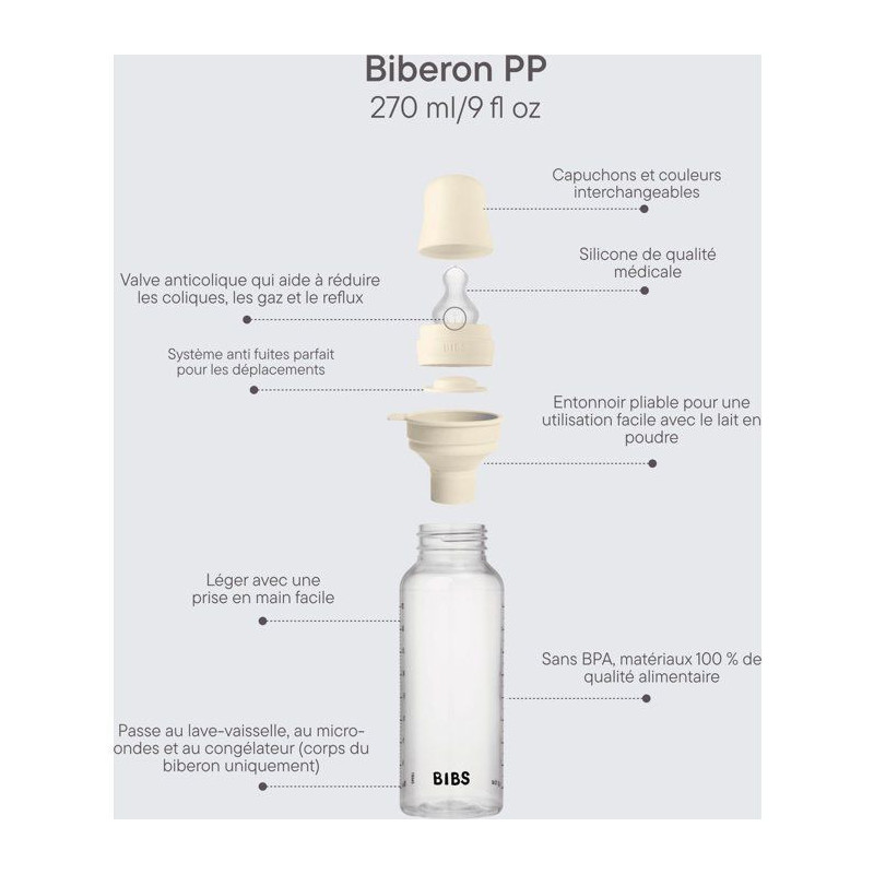 Biberon bébé - BIBS - Embout rond - Silicone - 270 ml - Débit moyen