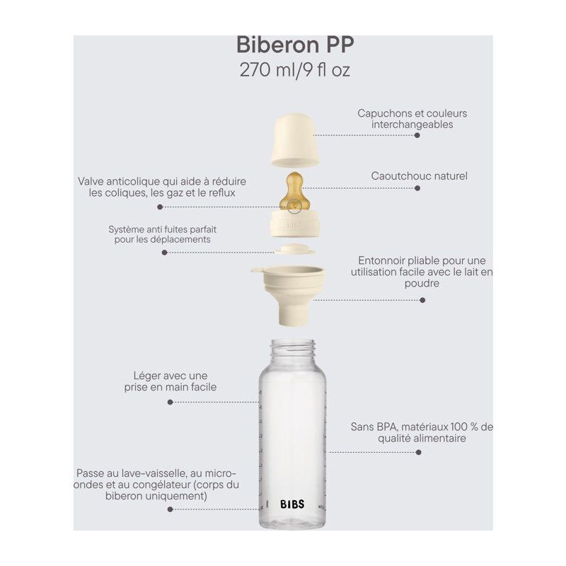 Biberon bébé - BIBS - Embout rond - Caoutchouc naturel - 270 ml - D
