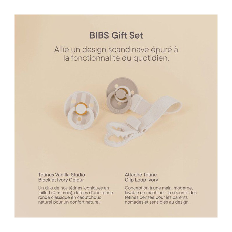 Coffret cadeau bébé - BIBS Sucette & attache - Embout rond - T1 - Iv
