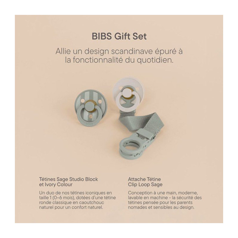 Coffret cadeau bébé - BIBS Sucette & attache - Embout rond - T1 - Sa