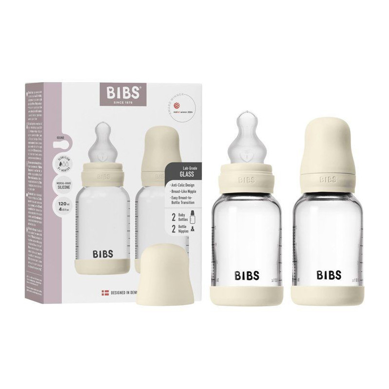 Biberon bébé - BIBS Verre - Embout rond - Silicone - 120 ml - Débit