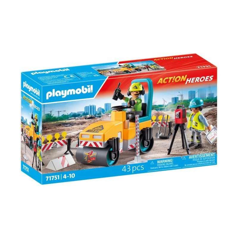 Univers miniature - PLAYMOBIL - Ouvriers avec rouleau compresseur - 43