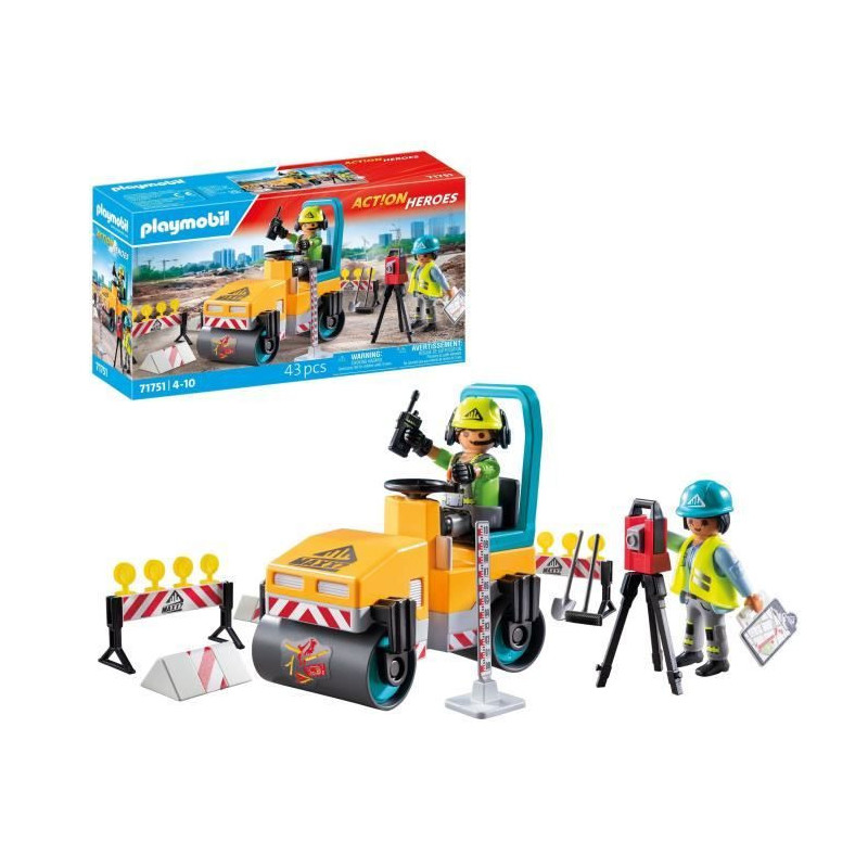 Univers miniature - PLAYMOBIL - Ouvriers avec rouleau compresseur - 43