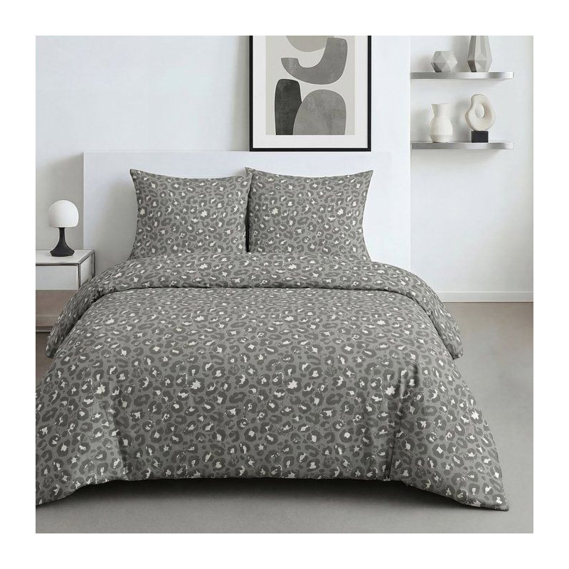 Parure de Lit - 240 x 220 cm - Coton Imprimé Léopard Gris Anthracite
