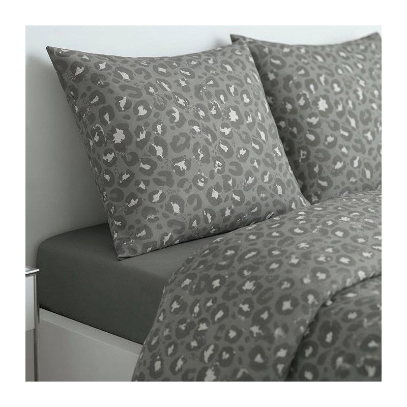 Parure de Lit - 240 x 220 cm - Coton Imprimé Léopard Gris Anthracite