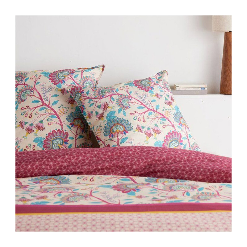 Parure de Lit - 140 x 200 cm - Coton Imprimé Floral Rouge Bordeaux