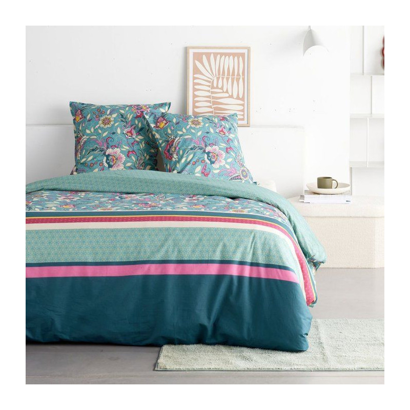 Parure de Lit - 140 x 200 cm - Coton Imprimé Floral Bleu - TODAY SUNS