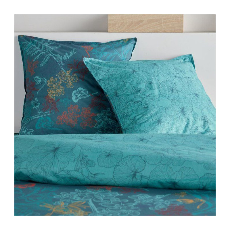 Parure de Lit - 260 x 240 cm - Coton Imprimé Feuillage Exotique Bleu