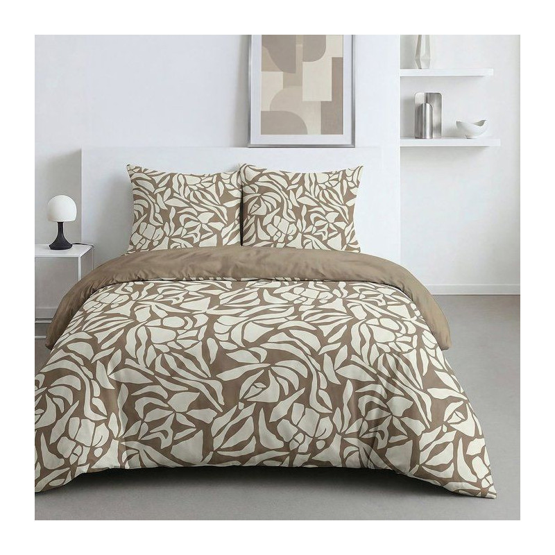 Parure de Lit - 260 x 240 cm - Coton Imprimé Feuillage Taupe - TODAY