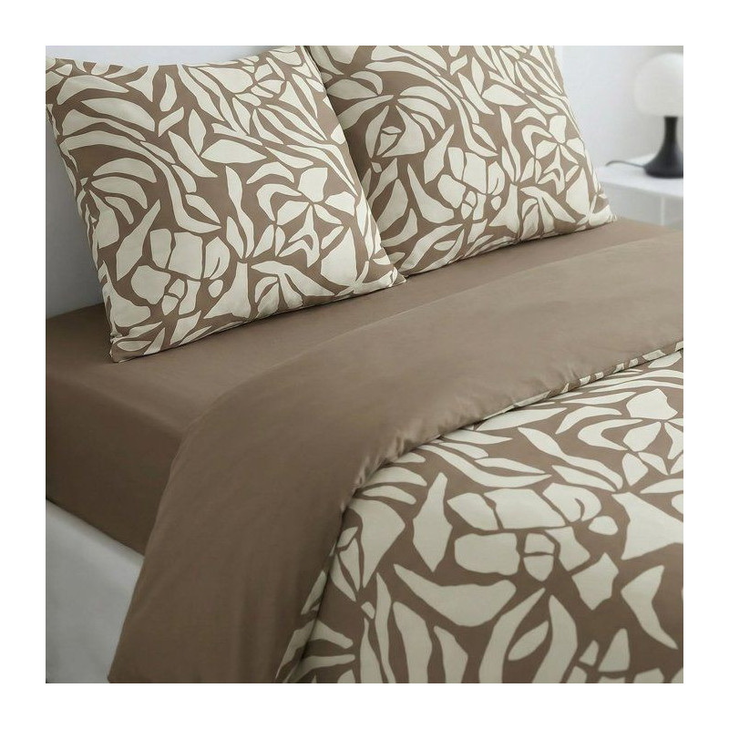 Parure de Lit - 260 x 240 cm - Coton Imprimé Feuillage Taupe - TODAY